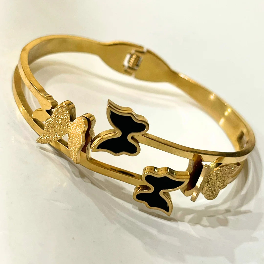 Premium Butterfly Gold Bangle – Black Enamel Stainless Steel Bracelet