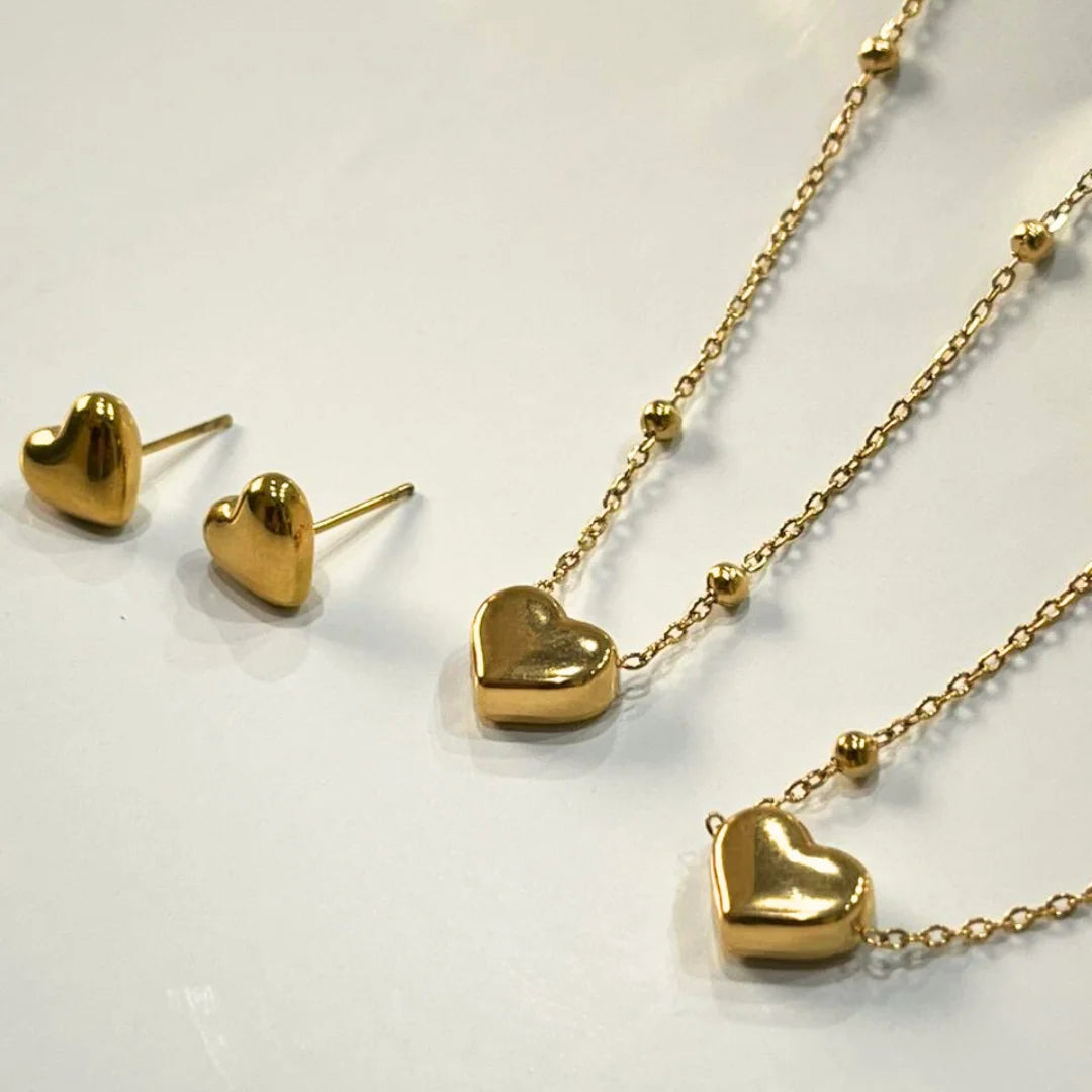 MINIMAL HEART JEWELRY SET | BEADED HEART NECKLACE GOLD PLATED | STAINLESS STEEL