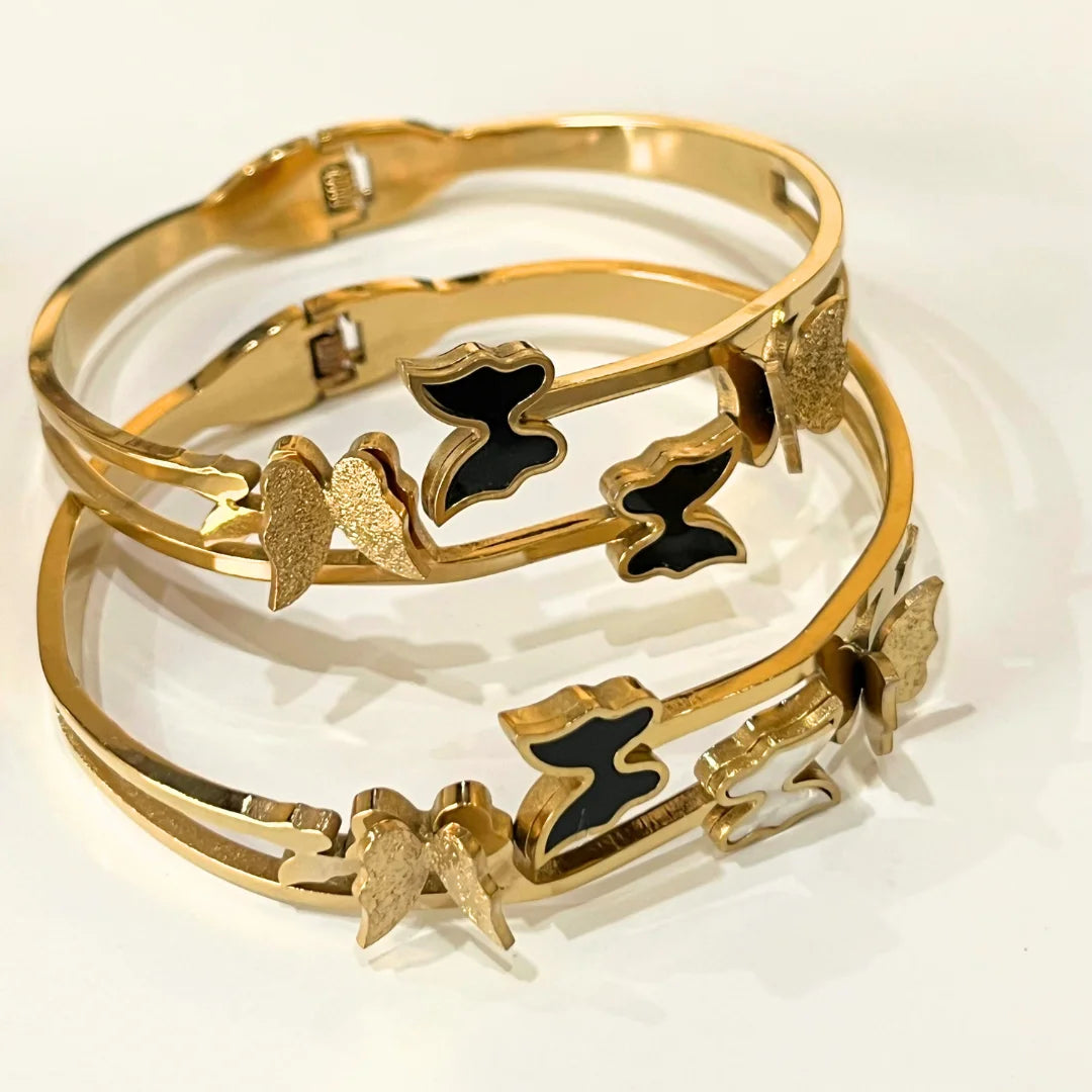 Premium Butterfly Gold Bangle – Black Enamel Stainless Steel Bracelet