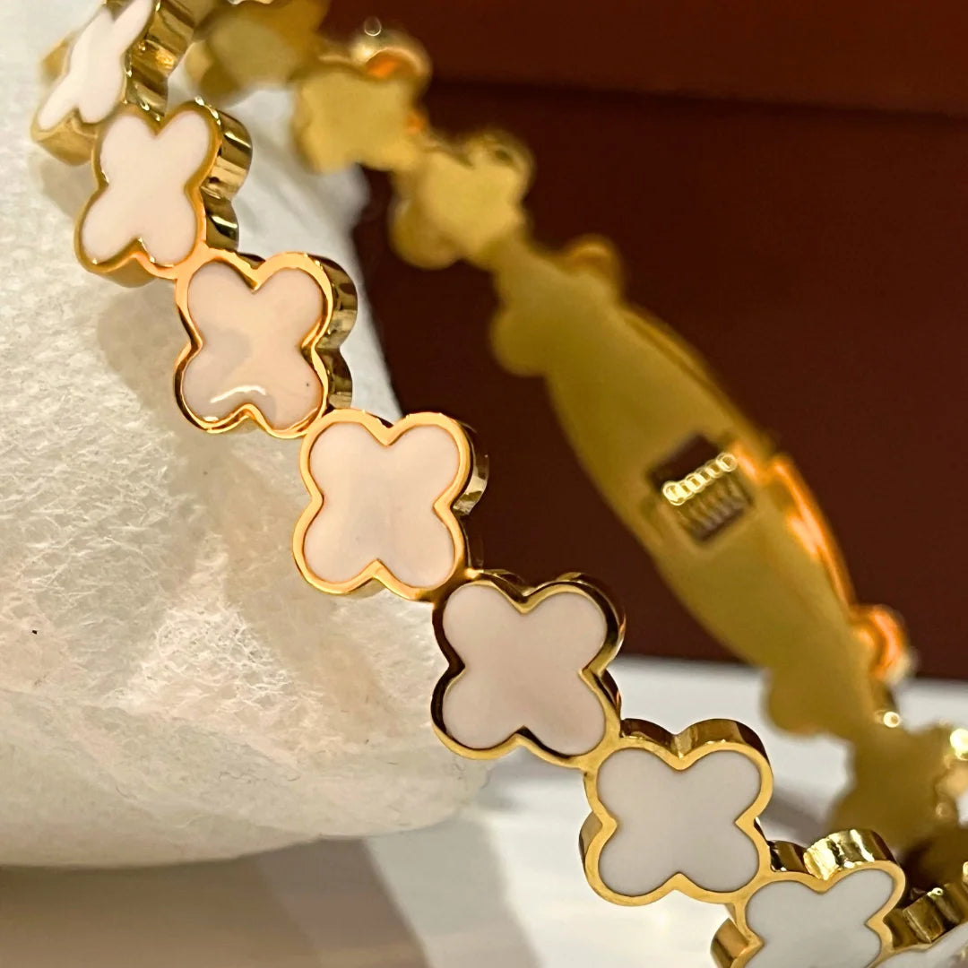 Four Leaf White Lucky Bangle – Premium Gold-Plated Bracelet