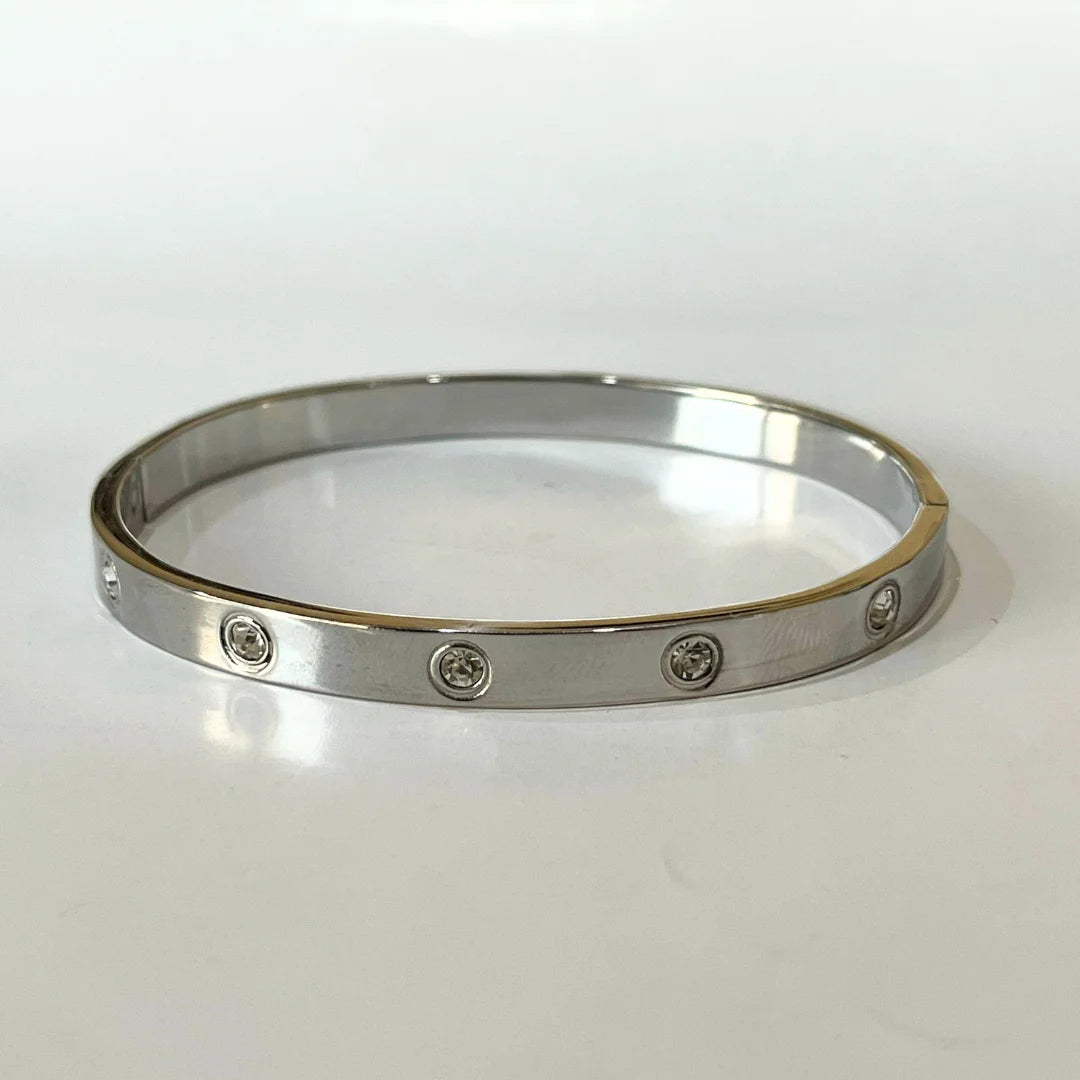 Cavalier Silver Bangle – Stainless Steel with Crystal Detailing