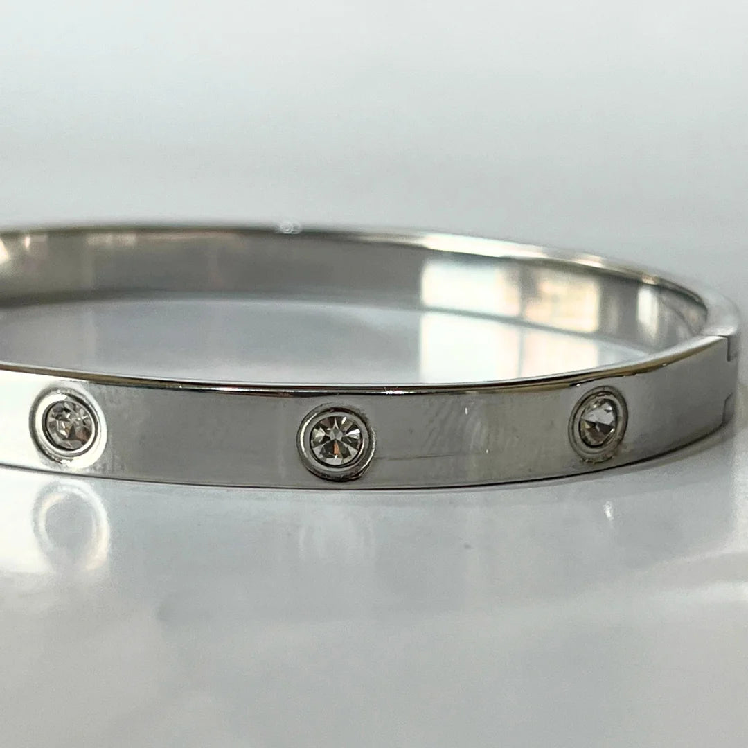 Cavalier Silver Bangle – Stainless Steel with Crystal Detailing