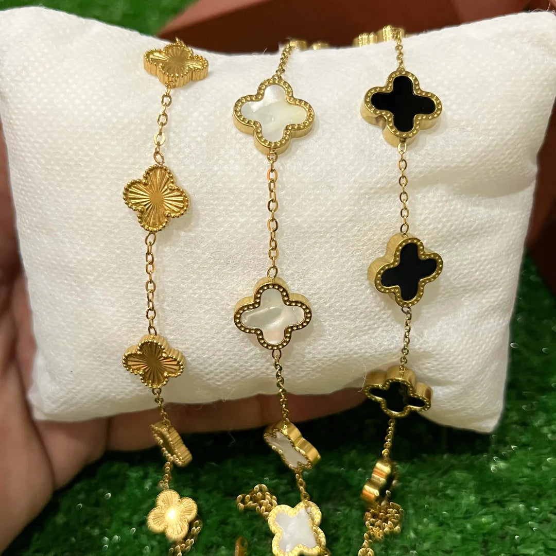 Leaf Charm Bracelet Stack – Set of 3 (Golden, White & Black)