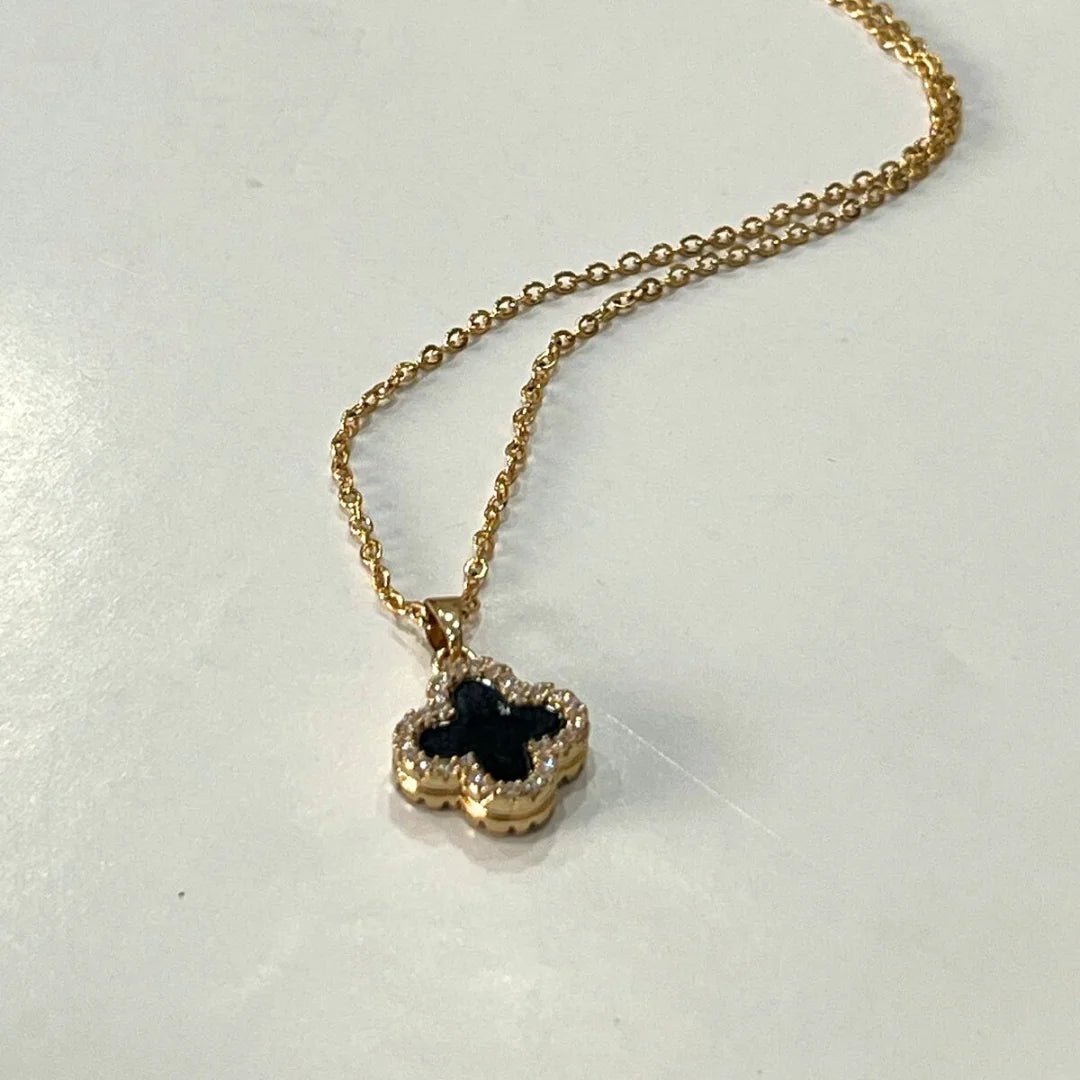 Double Sided Four Leaf Necklace - Black and White with crystal stone