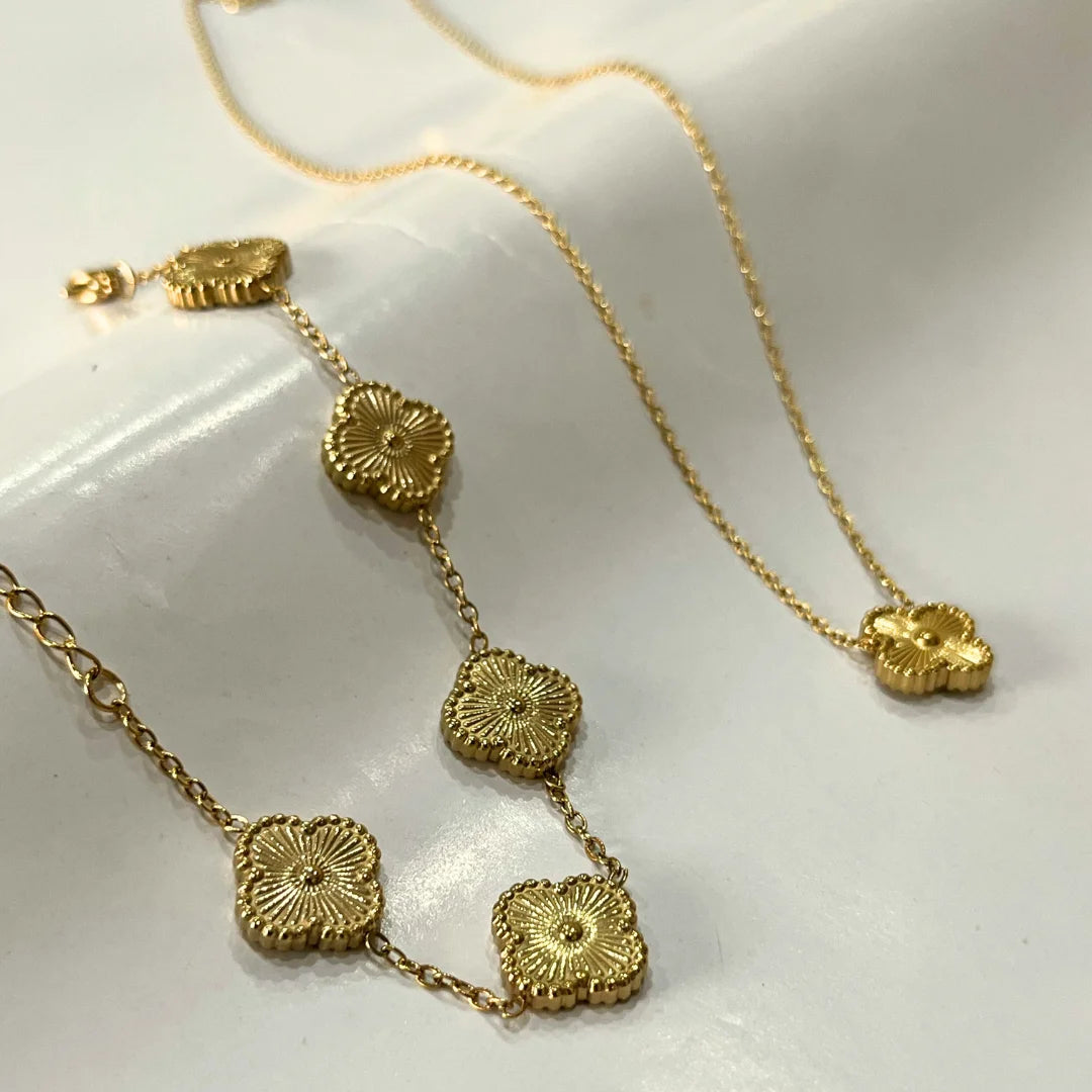 Floral Waterproof Golden Jewelry Set – Bracelet + Necklace