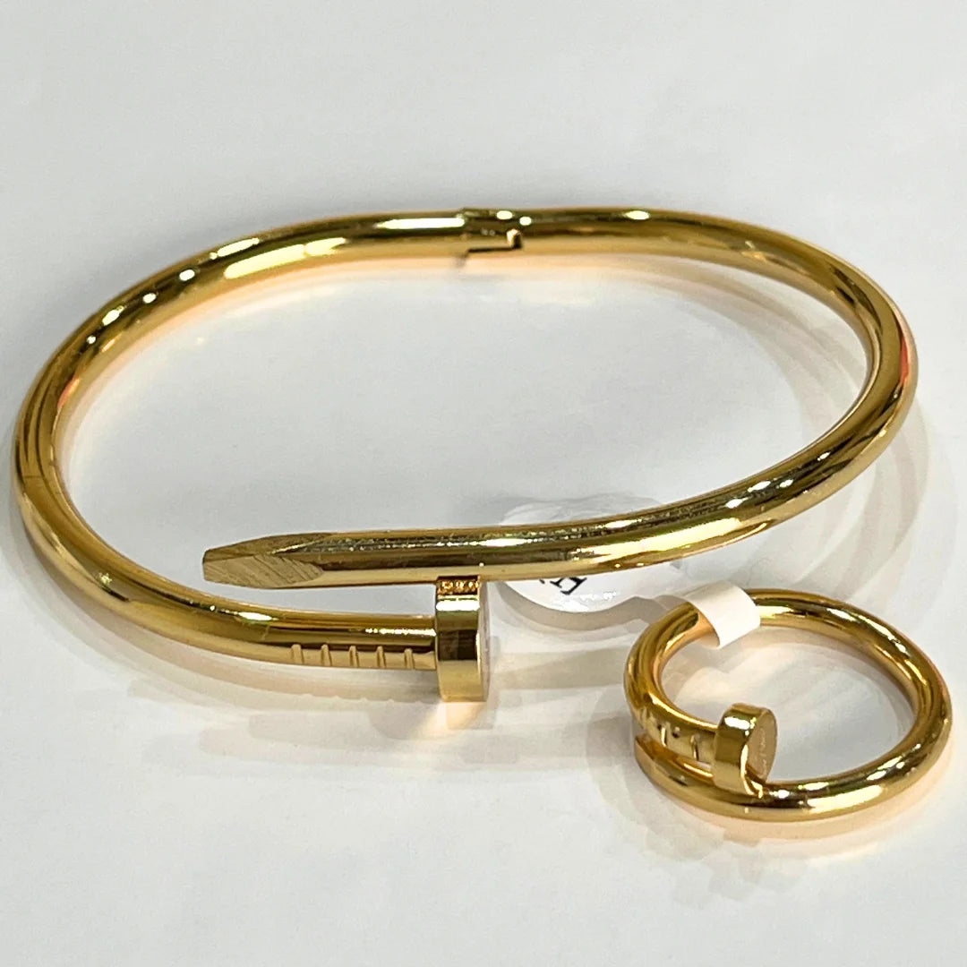 Unisex Nail Bangle and Ring – Waterproof 18K Gold Plated Jewelry