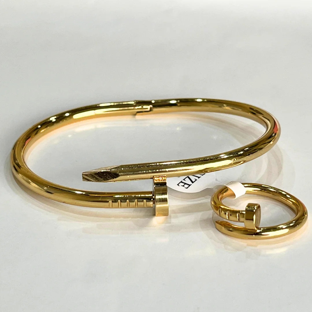 Unisex Nail Bangle and Ring – Waterproof 18K Gold Plated Jewelry
