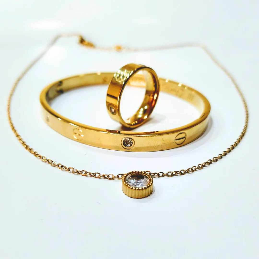 Gold plated set | Crystal Necklace + Bangle + Ring