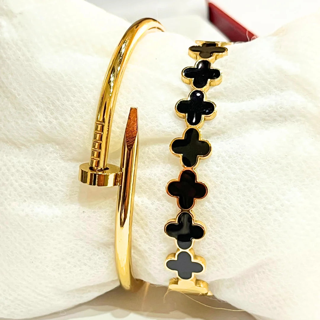 2 Bangle Stack Set - Nail Bangle + Black Leaf Bangle