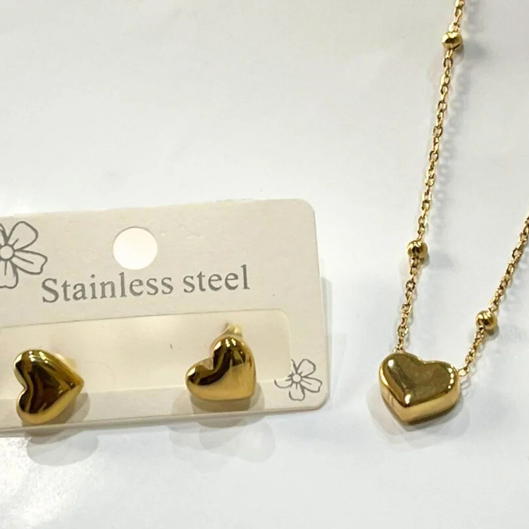 MINIMAL HEART JEWELRY SET | BEADED HEART NECKLACE GOLD PLATED | STAINLESS STEEL